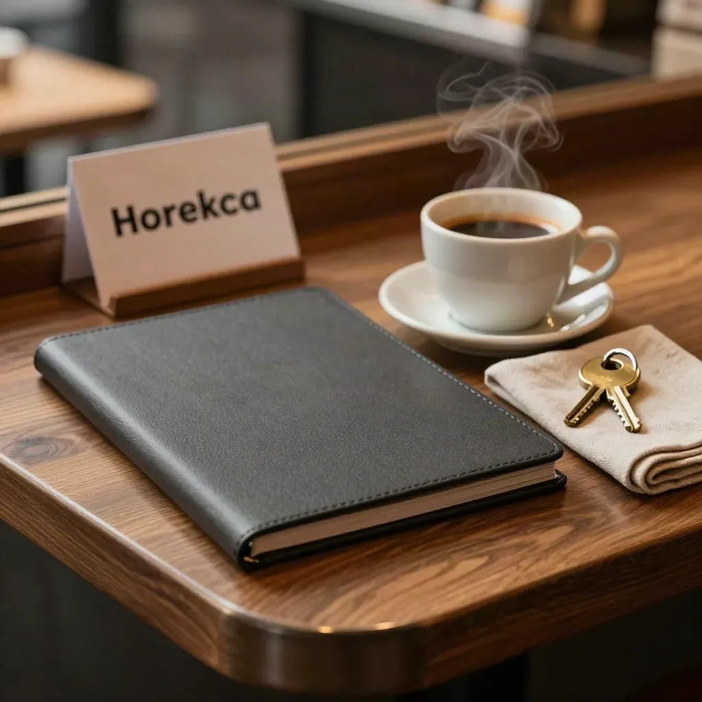 Horeca-verkoopscan kit op warme cafétoog met espresso, servet en messing sleutel