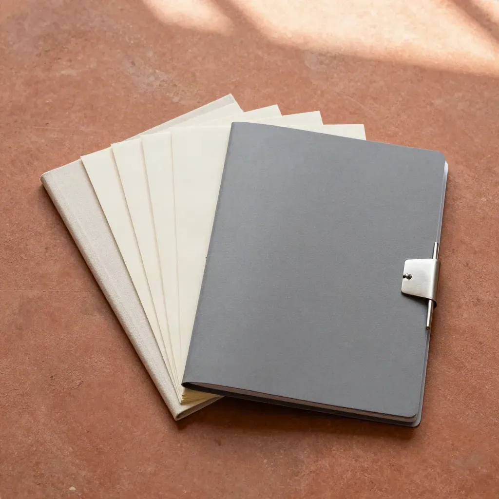 Overhead flatlay van een due-diligence map met tabbladen en bijlage op terracotta steen.