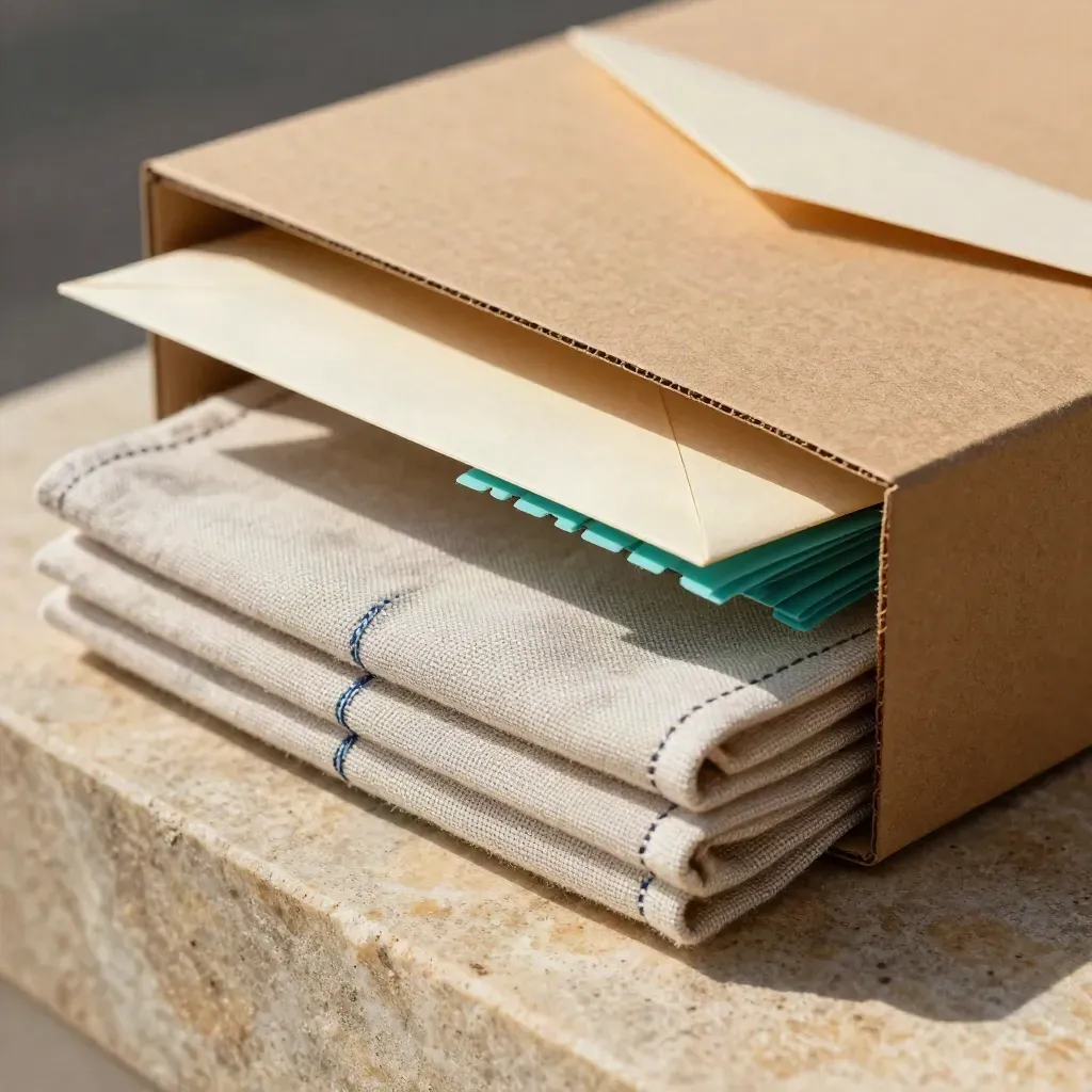 Macro van een starterspakket verkoop met doos, envelop, tabs en linnen.