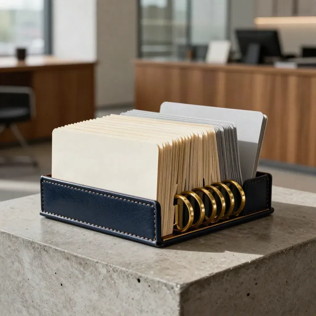 Brass ring-index met contactkaarten in een moderne overnamelounge, in beweging opengeklapt.