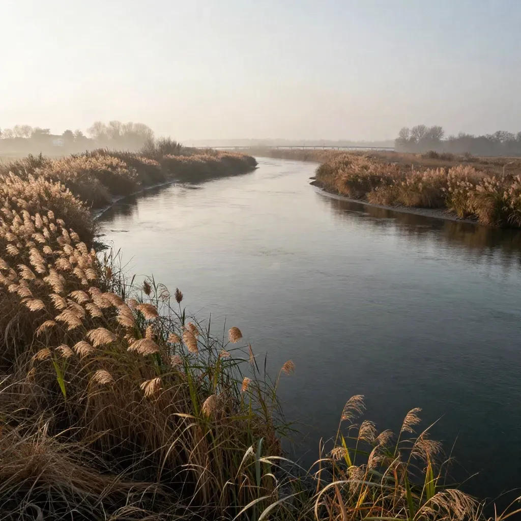 Rustige rivierbocht met riet, mist en een verre brug in zachte avondnevel.