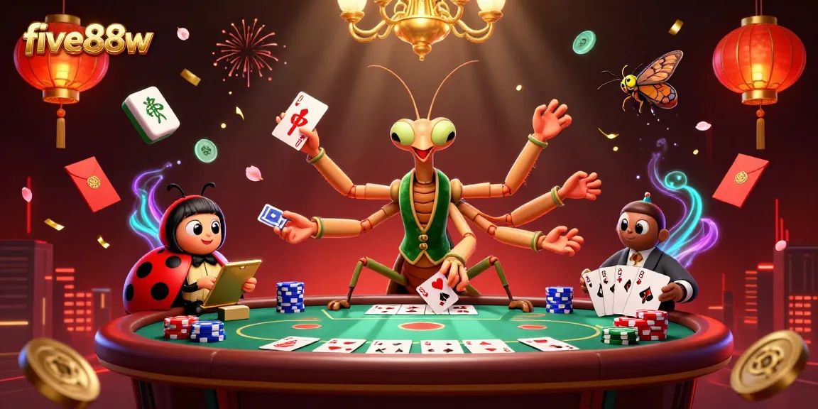 five88w showcases a vibrant casino scene with a giant mantis dealer and ladybug pit boss