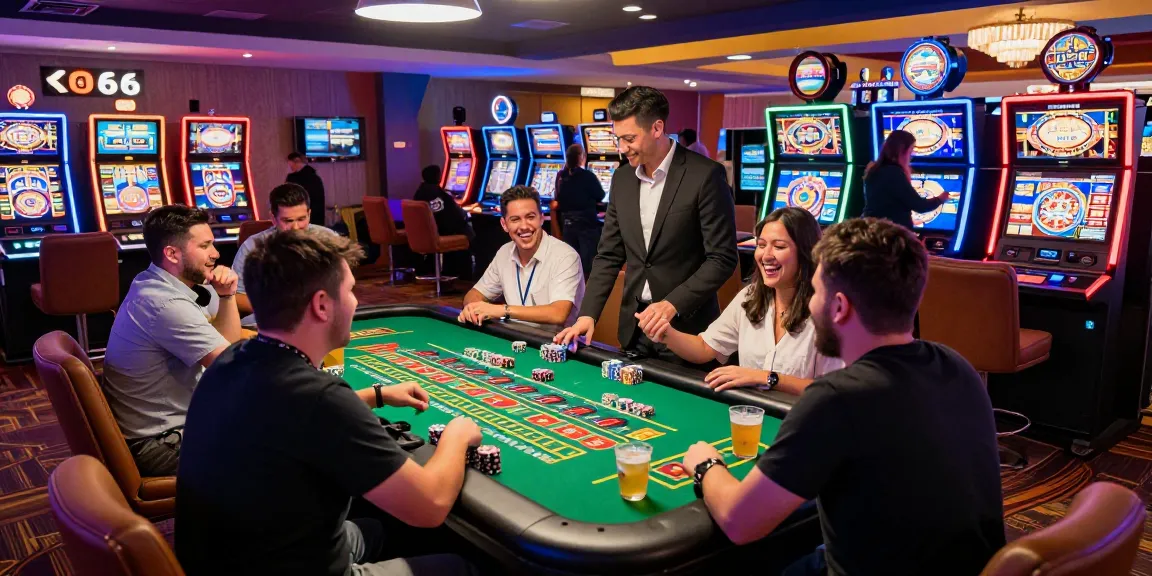 Exciting gaming atmosphere at KO66 casino with players at roulette and slots