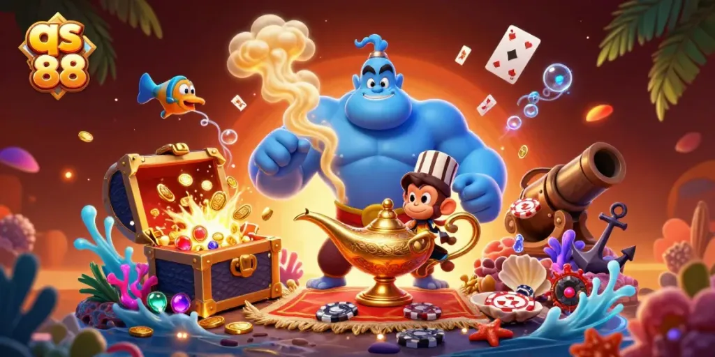 Experience qs 88's thrilling magic with a genie, a monkey, and captivating poker elements.
