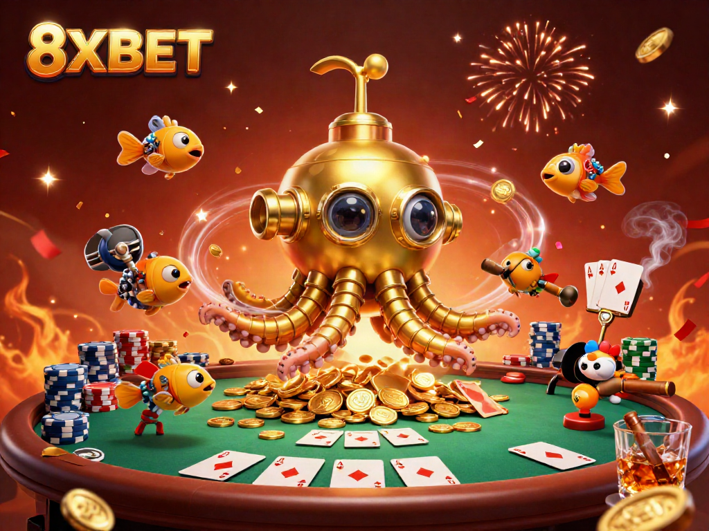 8XBET's golden kraken submarine and mechanical fish swimming in a vibrant ocean of casino gold coins, celebrating wins at poker.