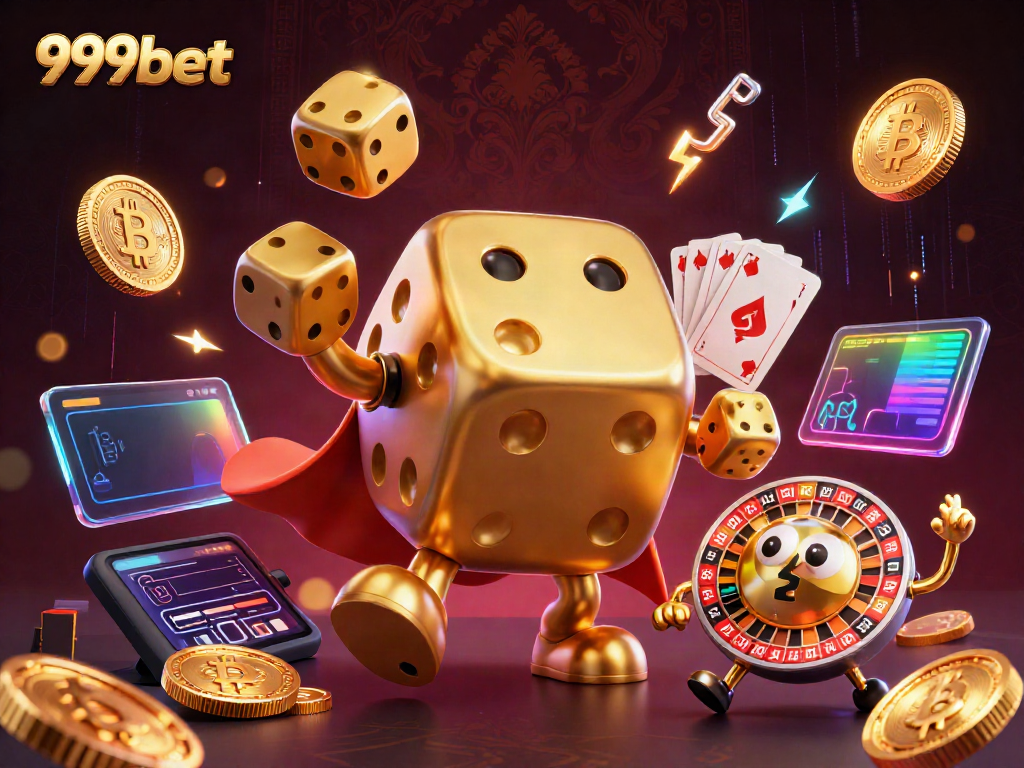Experience excitement at 999bet with golden dice and vibrant crypto elements in a dynamic casino scene.
