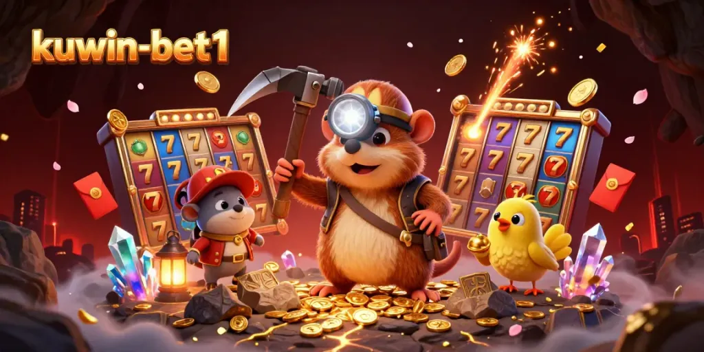 Experience the excitement of kuwin-bet1 with a treasure hunter mole and lively gambling elements in a radiant casino scene.