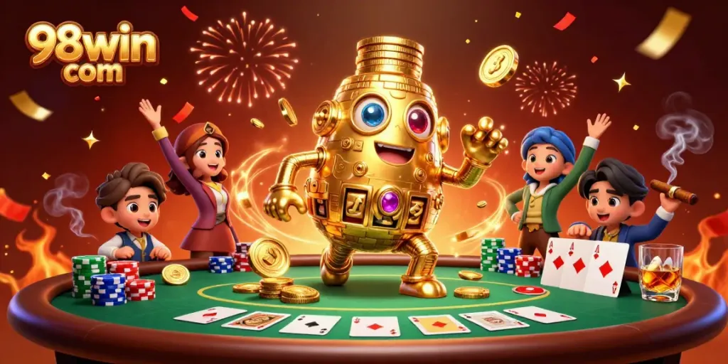 Experience thrilling gameplay at 98win com with a 3D golden golem surrounded by poker elements.