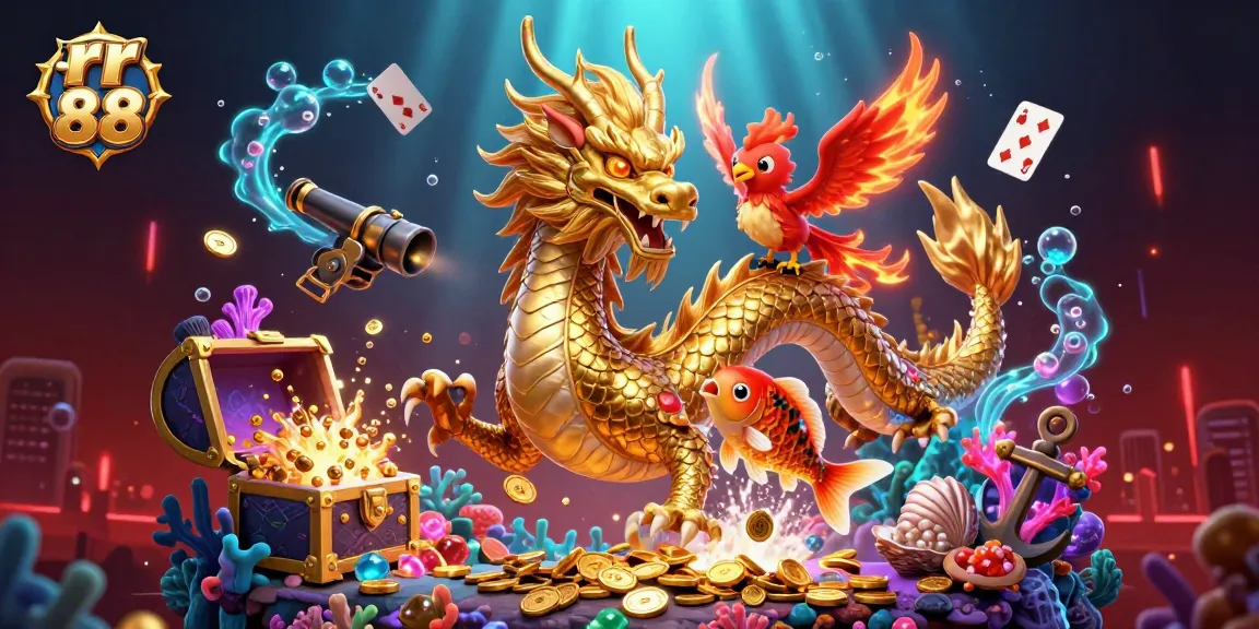 Engage in exciting gameplay at rr 88 with a captivating scene of a fierce dragon, phoenix, and koi fish amidst casino elements.