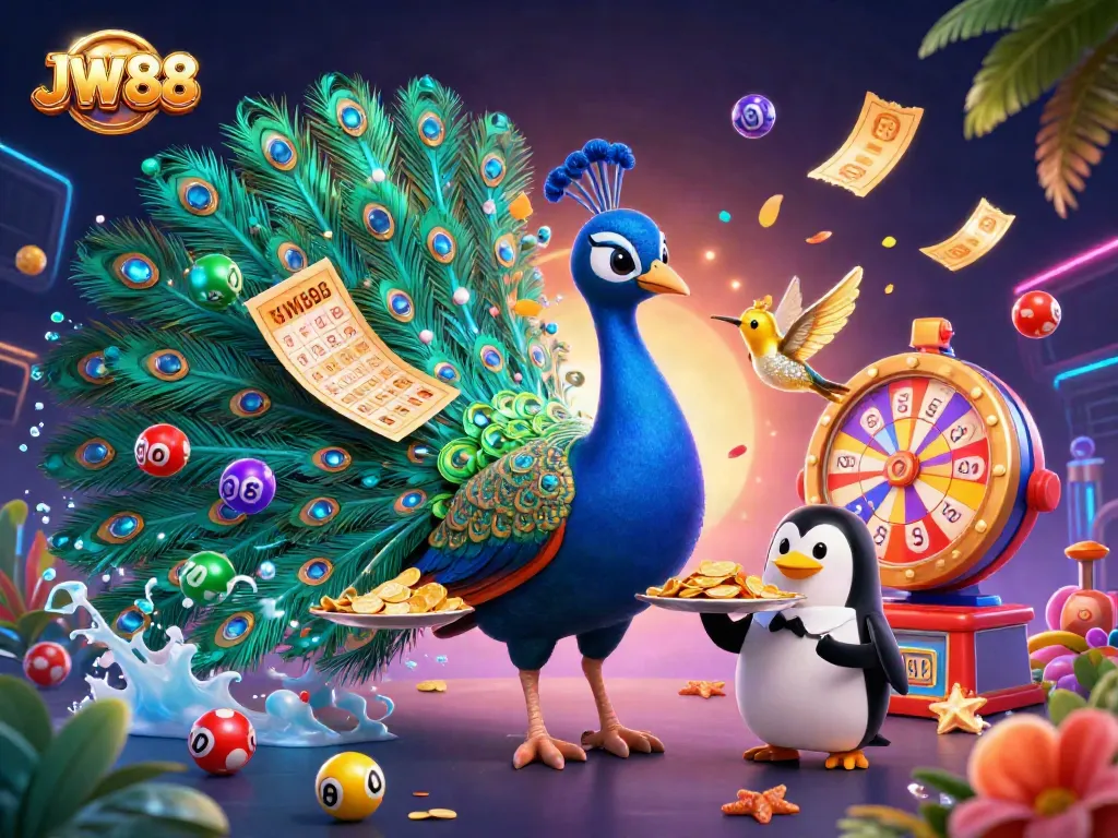 Win big at JW88 with a fun-filled 3D casino scene of vibrant games and captivating characters.