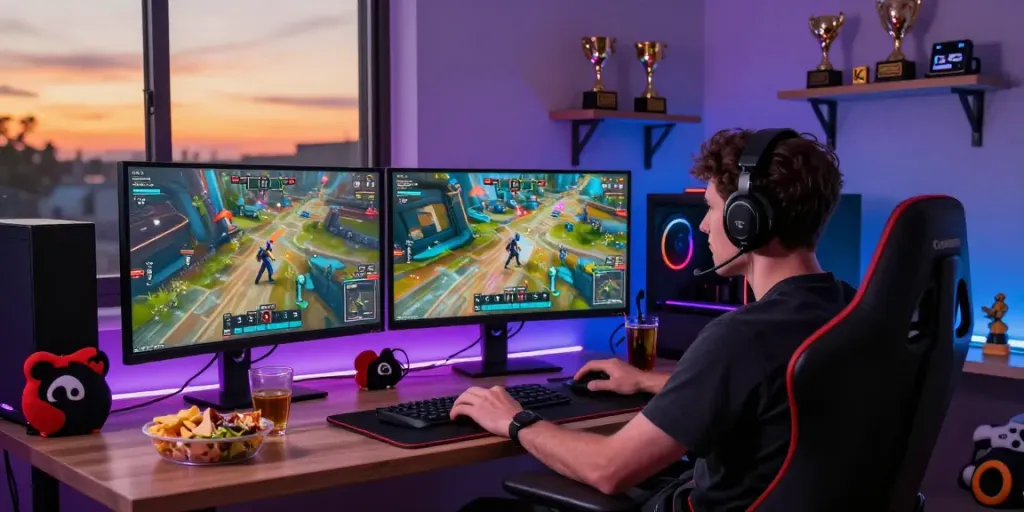 Gamer menggunakan tisu4d saat bermain game dengan fokus tinggi di ruang yang nyaman.