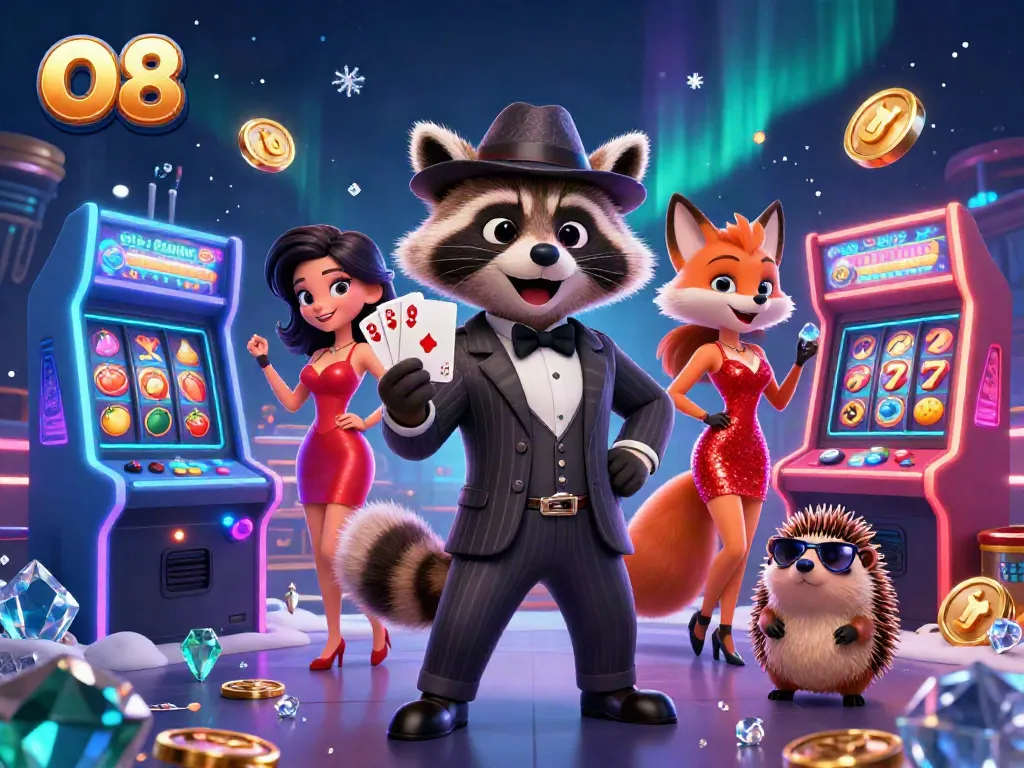 O8 casino scene with a suave raccoon, elegant fox, and bouncer amidst vibrant slot machines and game elements.