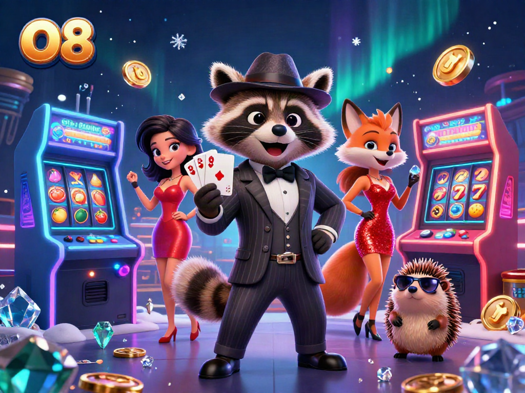 O8 casino scene with a suave raccoon, elegant fox, and bouncer amidst vibrant slot machines and game elements.