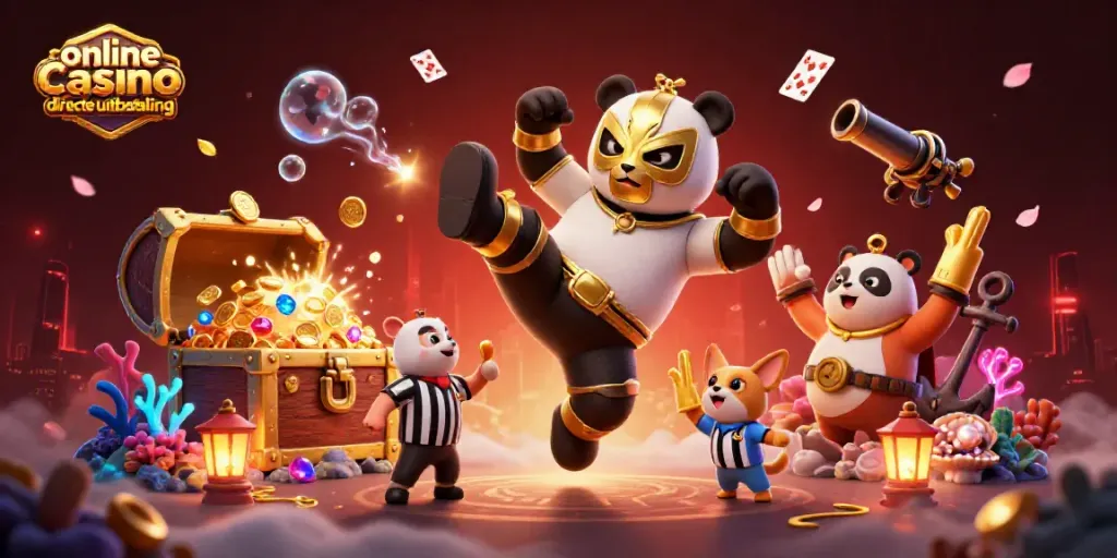 Engage with online casino directe uitbetaling through vivid 3D illustration showcasing joyful animal characters and dynamic game elements.