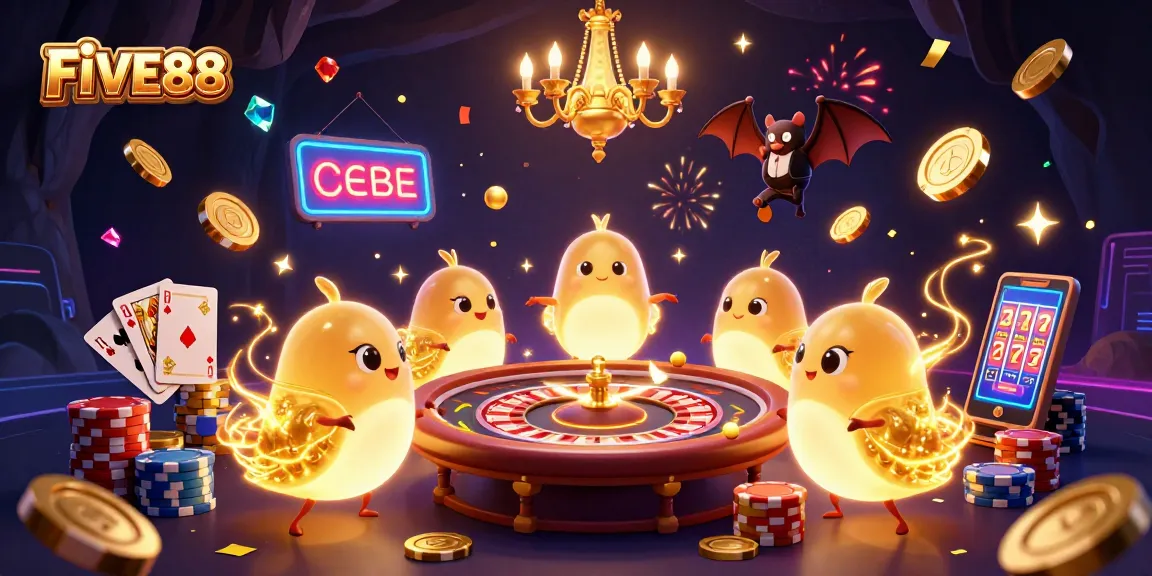 Experience the electrifying atmosphere of FIVE88 casino with vibrant glowworms, sparkling gems, and dynamic game elements.