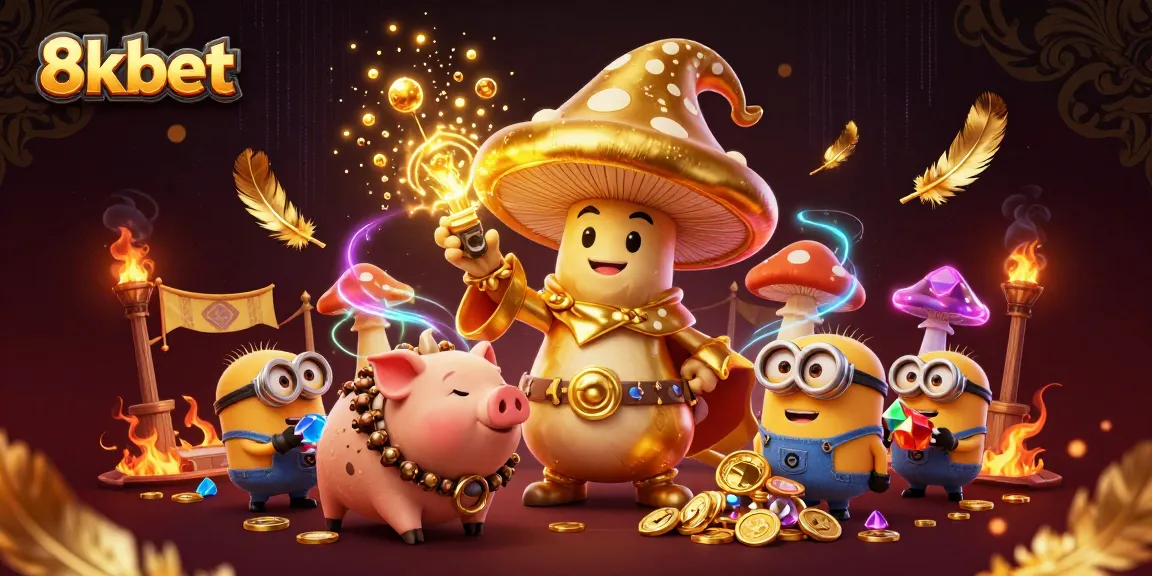 Experience thrilling moments with the magical 8xbet wizard and treasure-hunting companions in an enchanting casino scene.