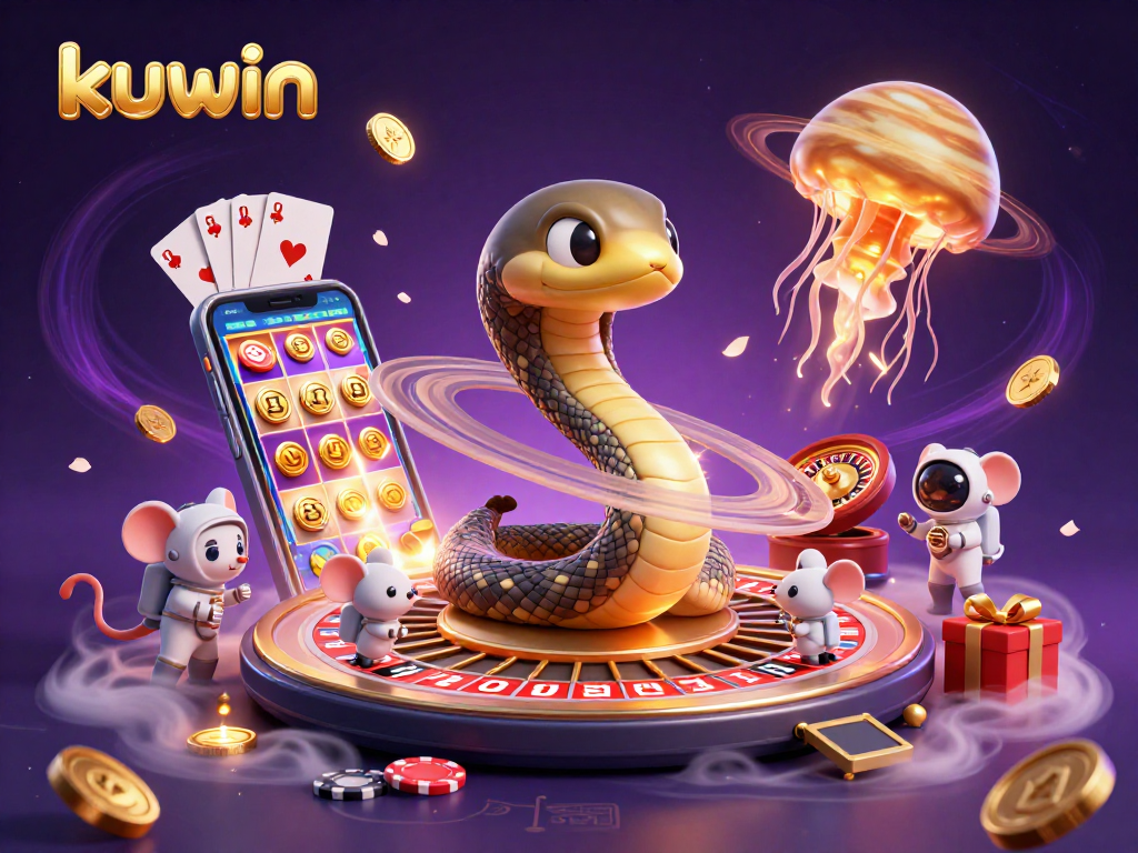 kuwin's cosmic gambling scene with a Saturn snake, astronaut mice, and a golden jellyfish dealer