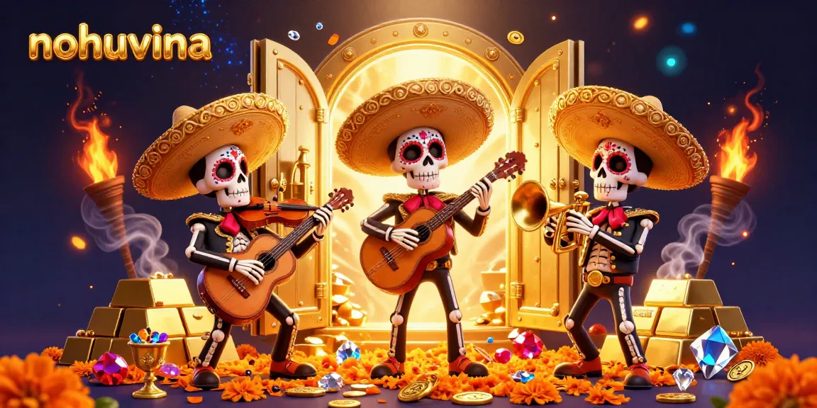 Experience vibrant gameplay with nohuvina featuring colorful mariachi skeletons and golden treasures.