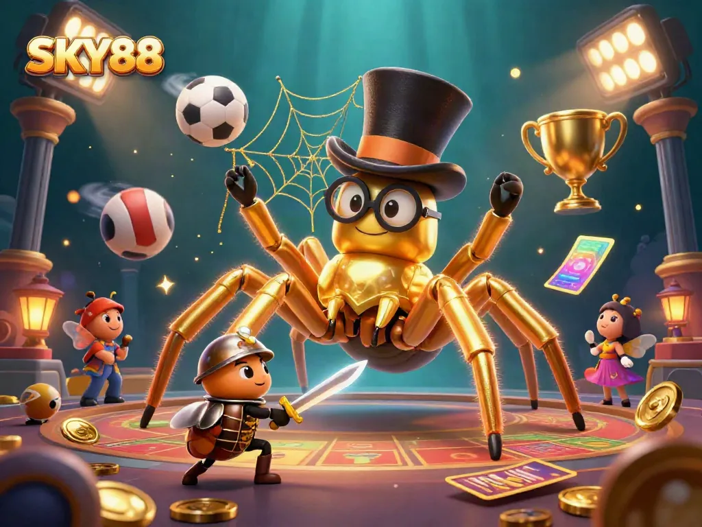Experience thrilling action at SKY88 with a golden tarantula, a beetle knight, and glowing casino elements.