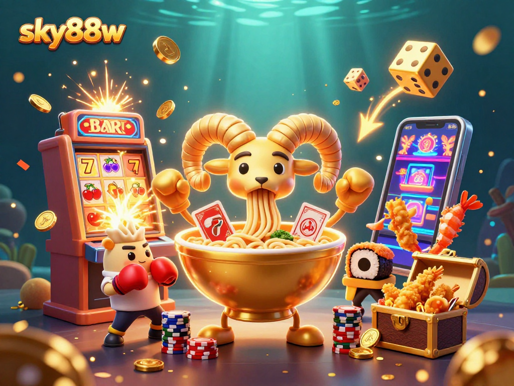Experience thrilling gaming action with sky88w, showcasing vibrant casino characters and a jackpot explosion.