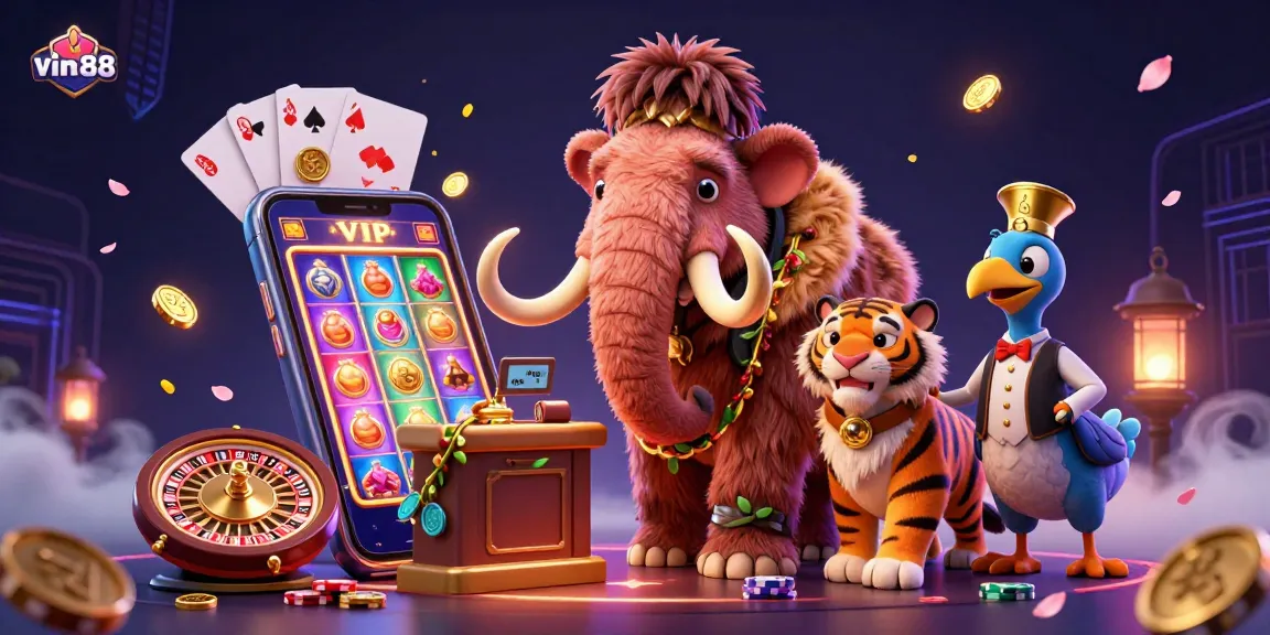 Engage in gaming thrills with vin88's cartoon bouncer, slot machines, and vibrant casino elements.