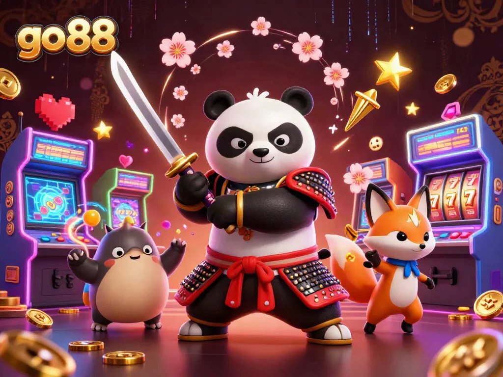 Engage in thrilling gameplay with go 88 featuring a fierce panda warrior and vibrant arcade elements.