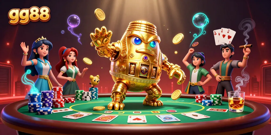 Engage with gg88's thrilling casino experience featuring a golden golem and poker elements.