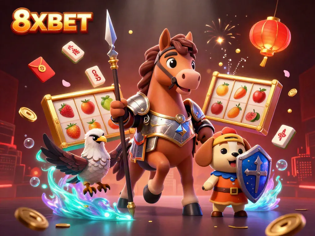 Experience the excitement of 8XBET with a vibrant 3D cartoon scene featuring knights, coins, and slot reels.
