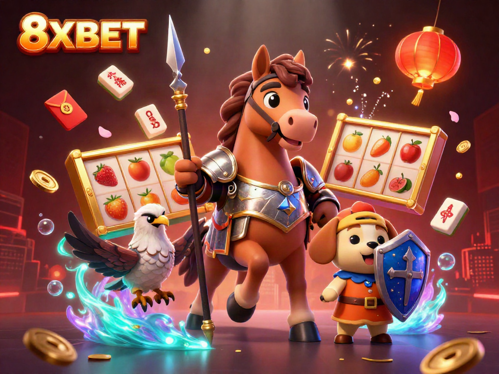 Experience the excitement of 8XBET with a vibrant 3D cartoon scene featuring knights, coins, and slot reels.