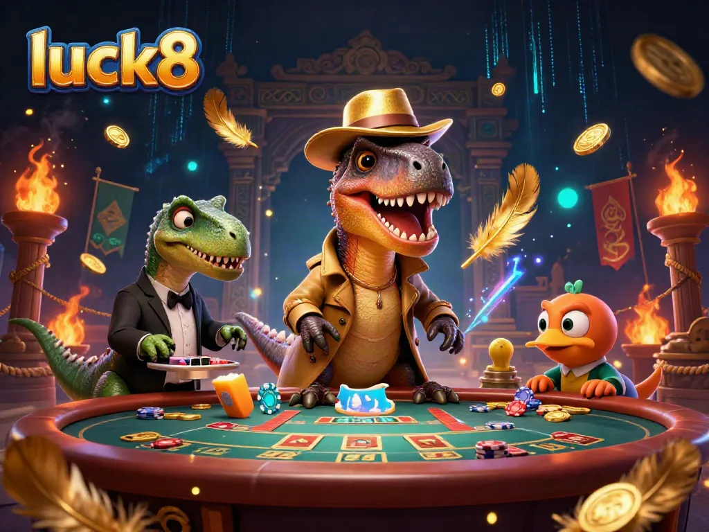 Experience luck8 thrill with a velociraptor card counter at a blackjack table, vibrant casino scene.