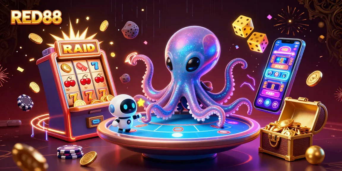 Experience high-energy gaming at RED88 with a vivid 3D illustration of a space octopus and robot.
