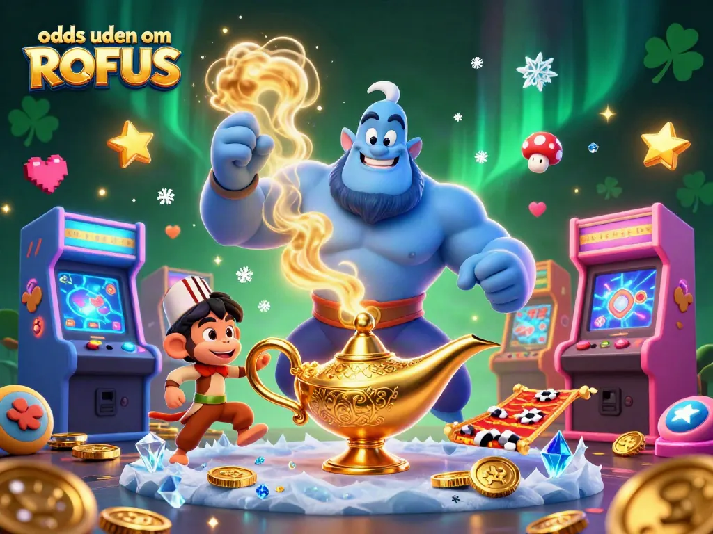 Engage with odds uden om ROFUS in this dynamic 3D casino scene featuring a blue genie and poker chips.