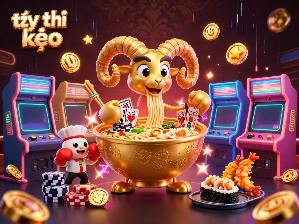 Engaging scene showcasing tỷ lệ kèo with a giant ramen bowl character dealing cards and stats, vibrant gaming elements.