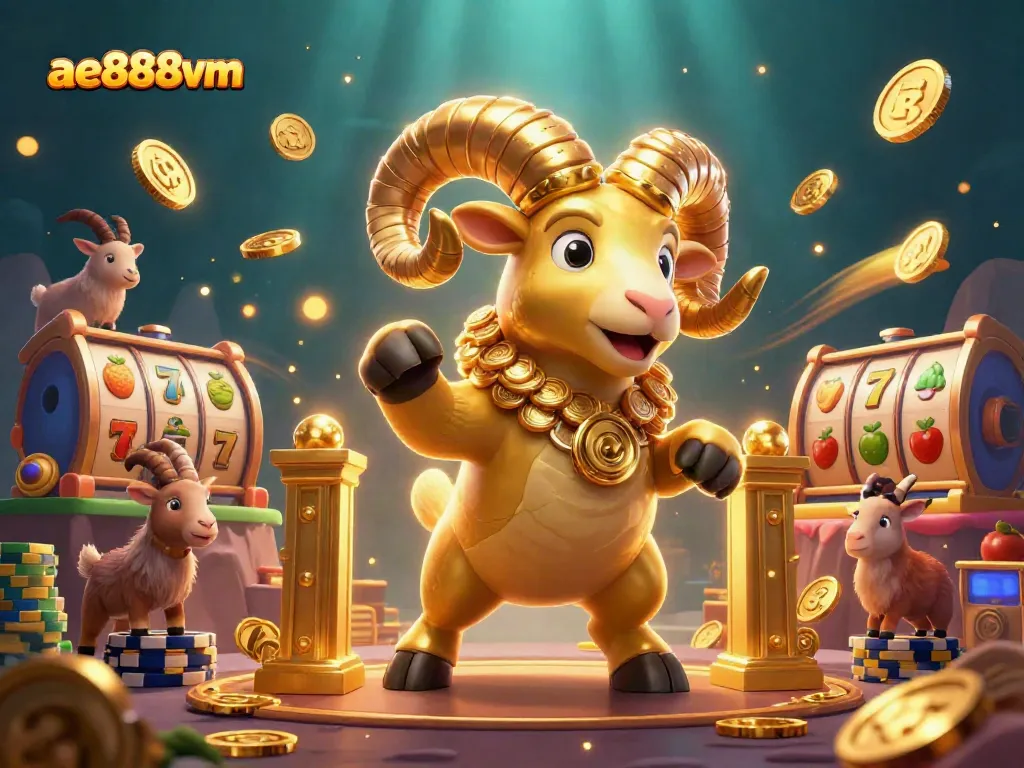 Engage in thrilling gameplay with the ae888vm golden ram charging through exciting jackpots and slot reels.