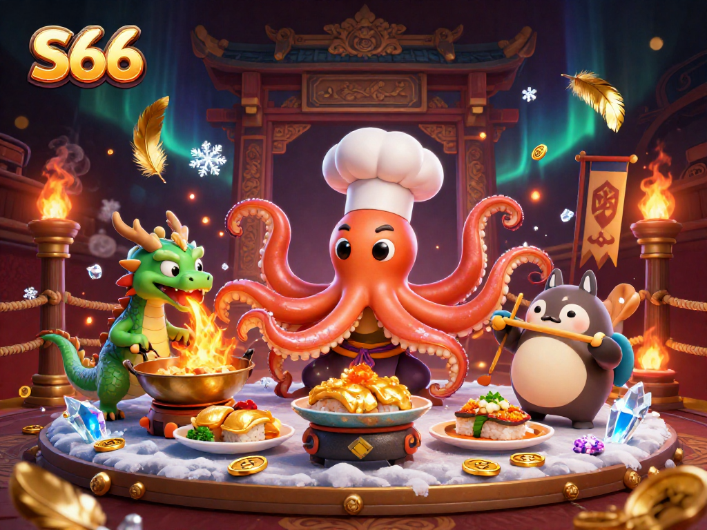 Engage with S66 as a sushi chef octopus crafts golden dishes in a lively casino arena.