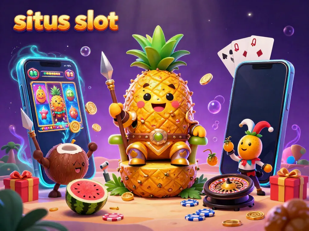 Experience the thrill of situs slot with a vibrant beach casino scene featuring a pineapple king and exciting game elements.