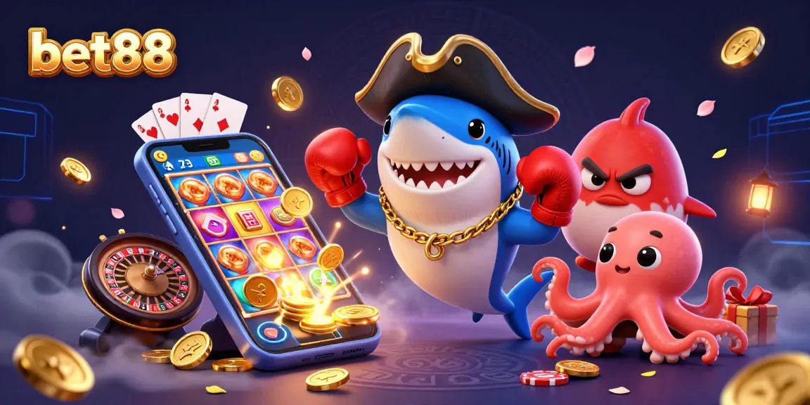 Experience bet88’s exciting world of fun with a lively casino scene featuring vibrant characters!