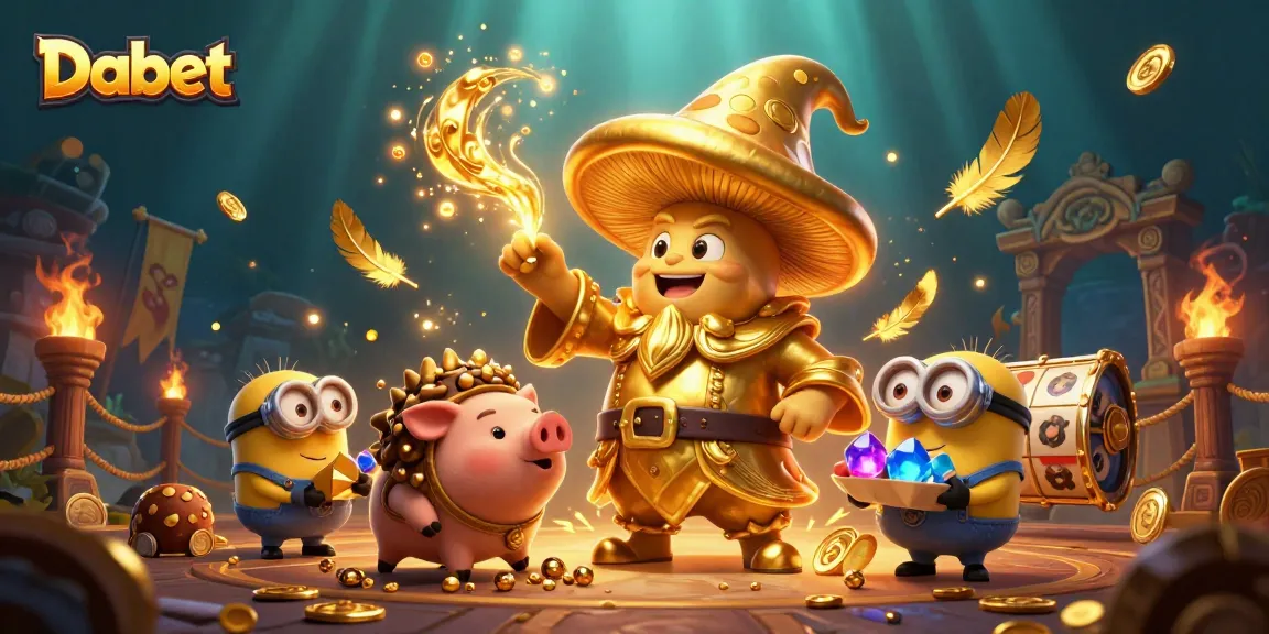 Dabet wizard and truffle pig creating gold in a lively casino scene full of slots and treasures.