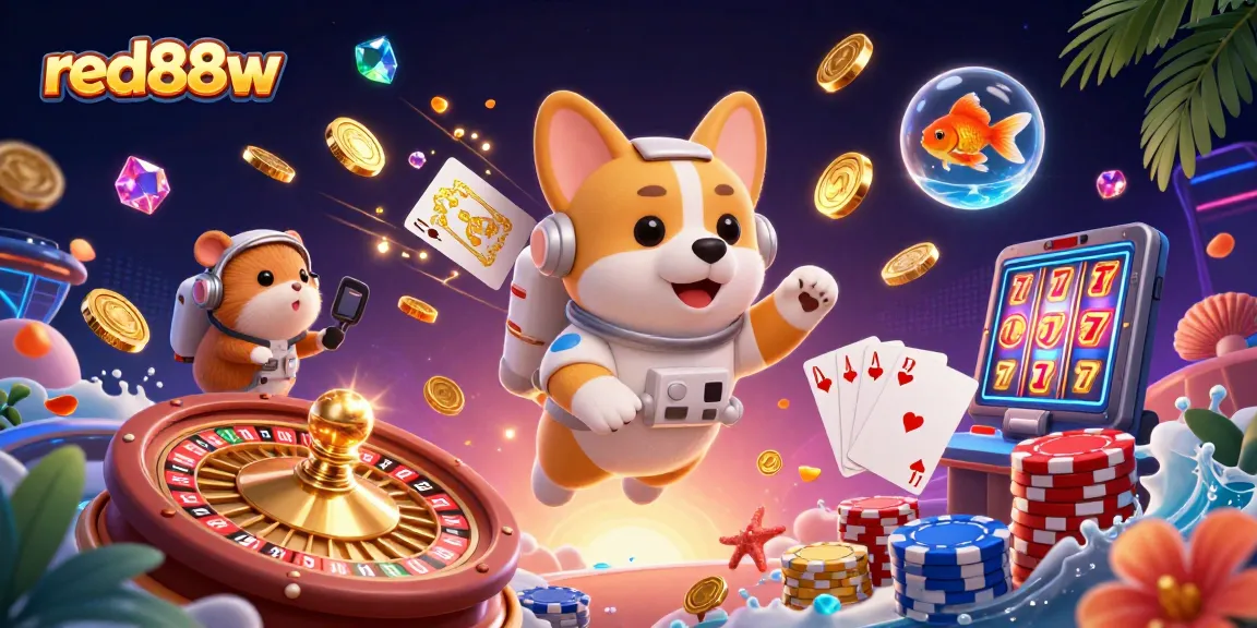 Experience the thrilling space casino adventure with red88w, as our astronaut corgi plays amidst dazzling games and coins.