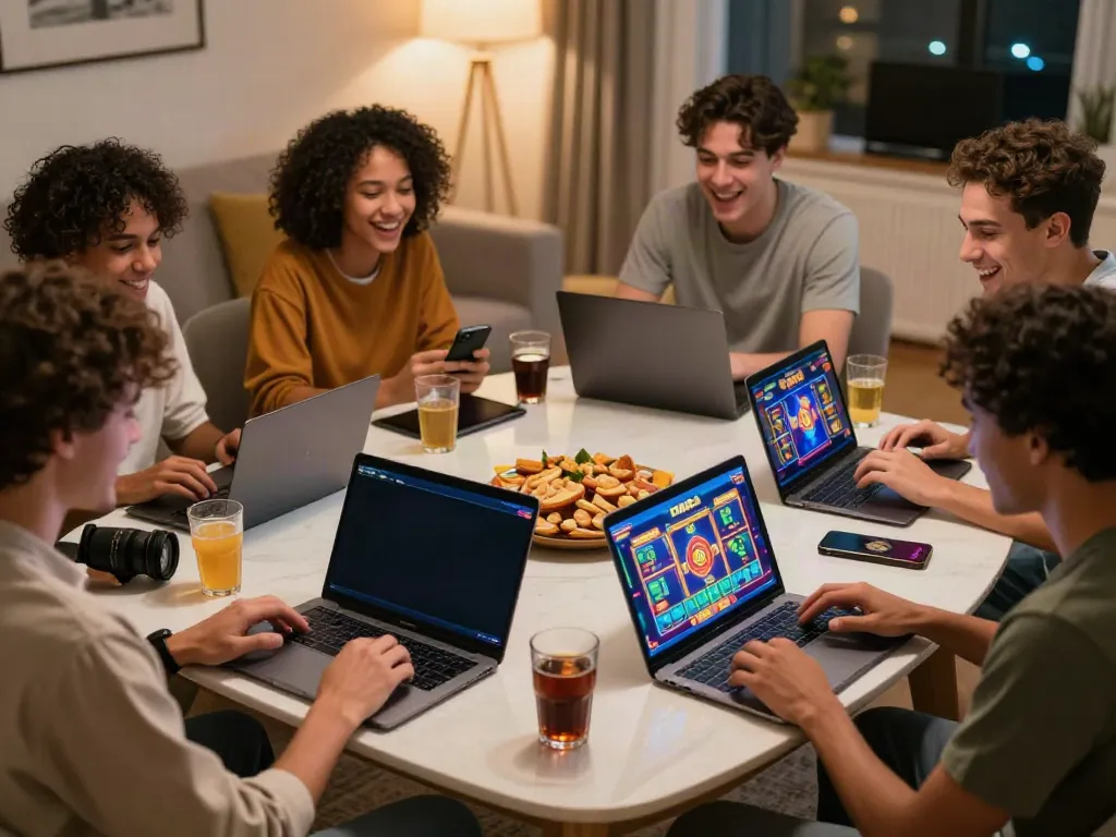Engaged players enjoying diverse slot games on https://da88z.net/ in a cozy setting with snacks and drinks.