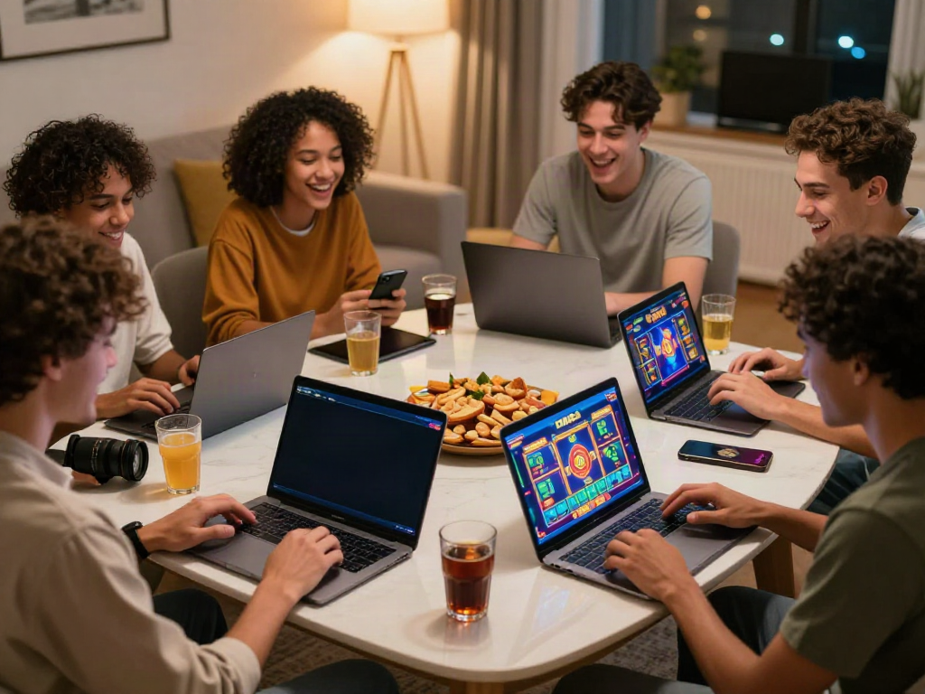 Engaged players enjoying diverse slot games on https://da88z.net/ in a cozy setting with snacks and drinks.