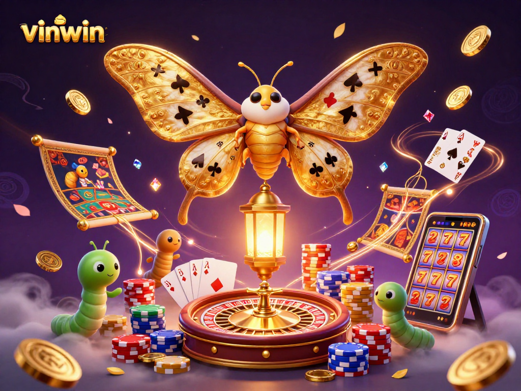 Join the vinwin experience with a vibrant scene of an atlas moth, golden coins, and casino elements.