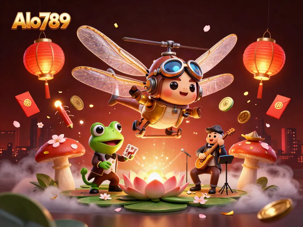 Alo789 showcases a lively casino scene with a dragonfly pilot and a frog croupier dealing cards.