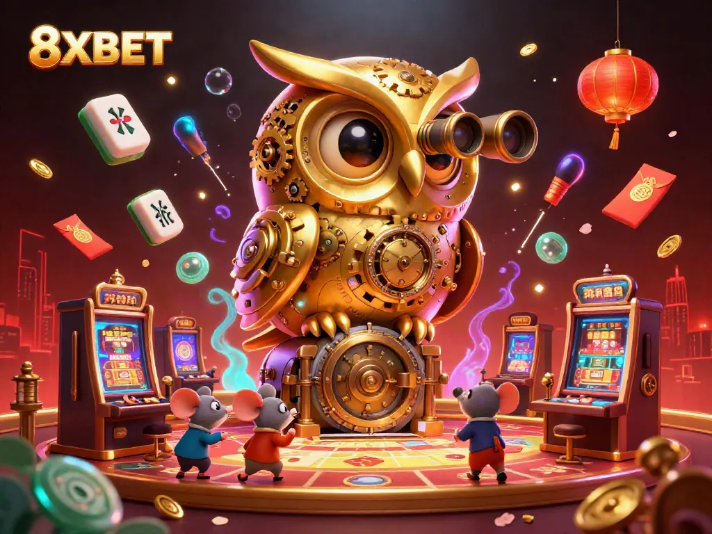 Experience thrilling gameplay with the gold-themed atmosphere at 8XBET casino featuring a dynamic owl and mice.