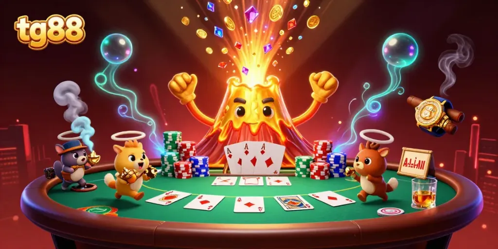 Engage in exciting gameplay with tg88's animated golden volcano and poker scene, showcasing a winning atmosphere.