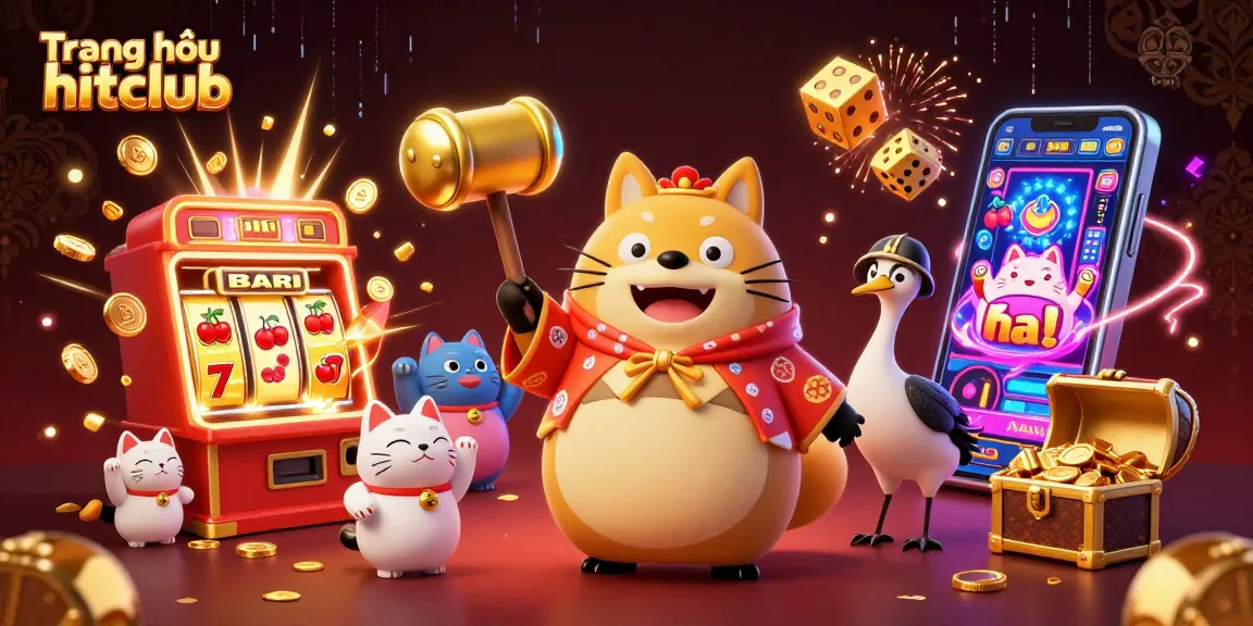 Engage with exciting gaming on Trang chủ hitclub featuring a cheerful tanuki, crane, and fortune cats in a vibrant casino scene.