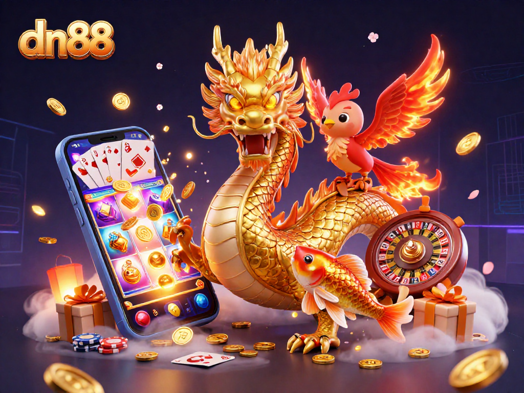 Engage with dn88's exciting gaming action featuring vibrant dragons, phoenixes, and casino symbols.