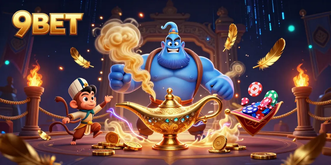 Engage in thrilling gaming action at 9BET with a vibrant 3D casino scene featuring colorful characters.
