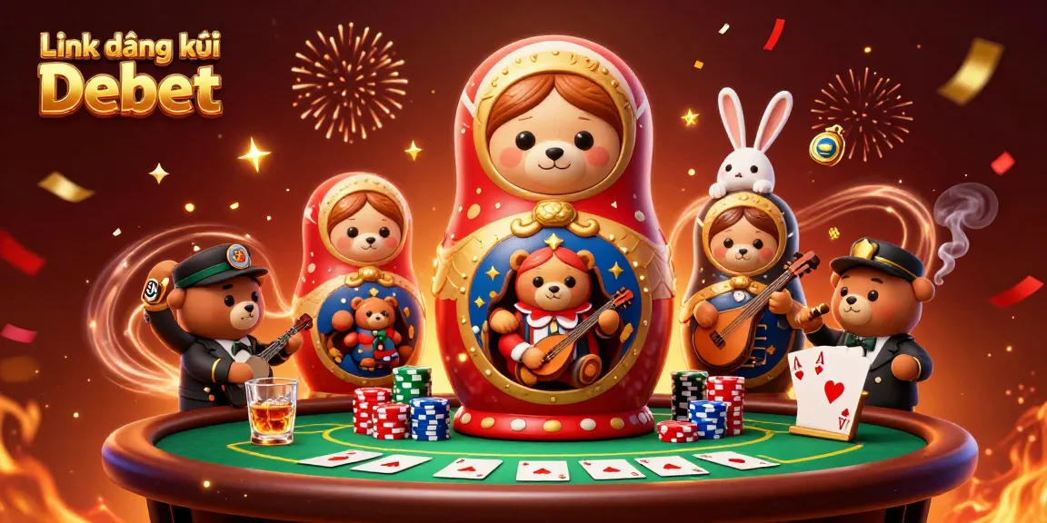 Join the excitement at Link đăng ký Debet with dealer bears and poker elements in a vibrant casino scene!