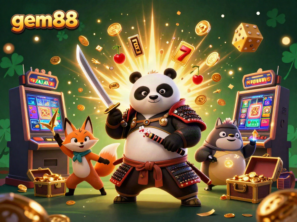 Experience the excitement of gem88 with a dynamic scene featuring vibrant characters and casino elements.